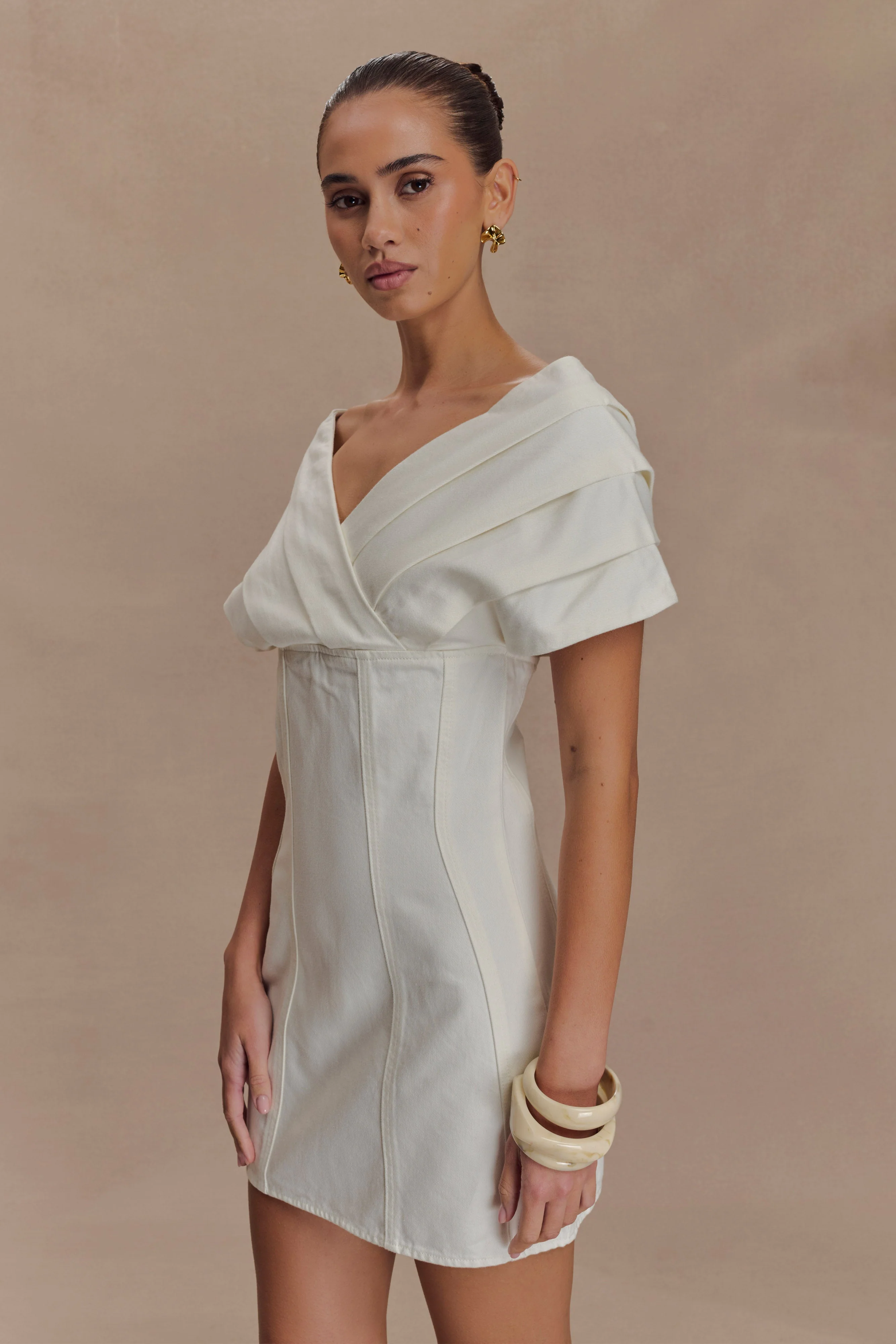 Pascale Off Shoulder Denim Mini Dress - White - Image 4