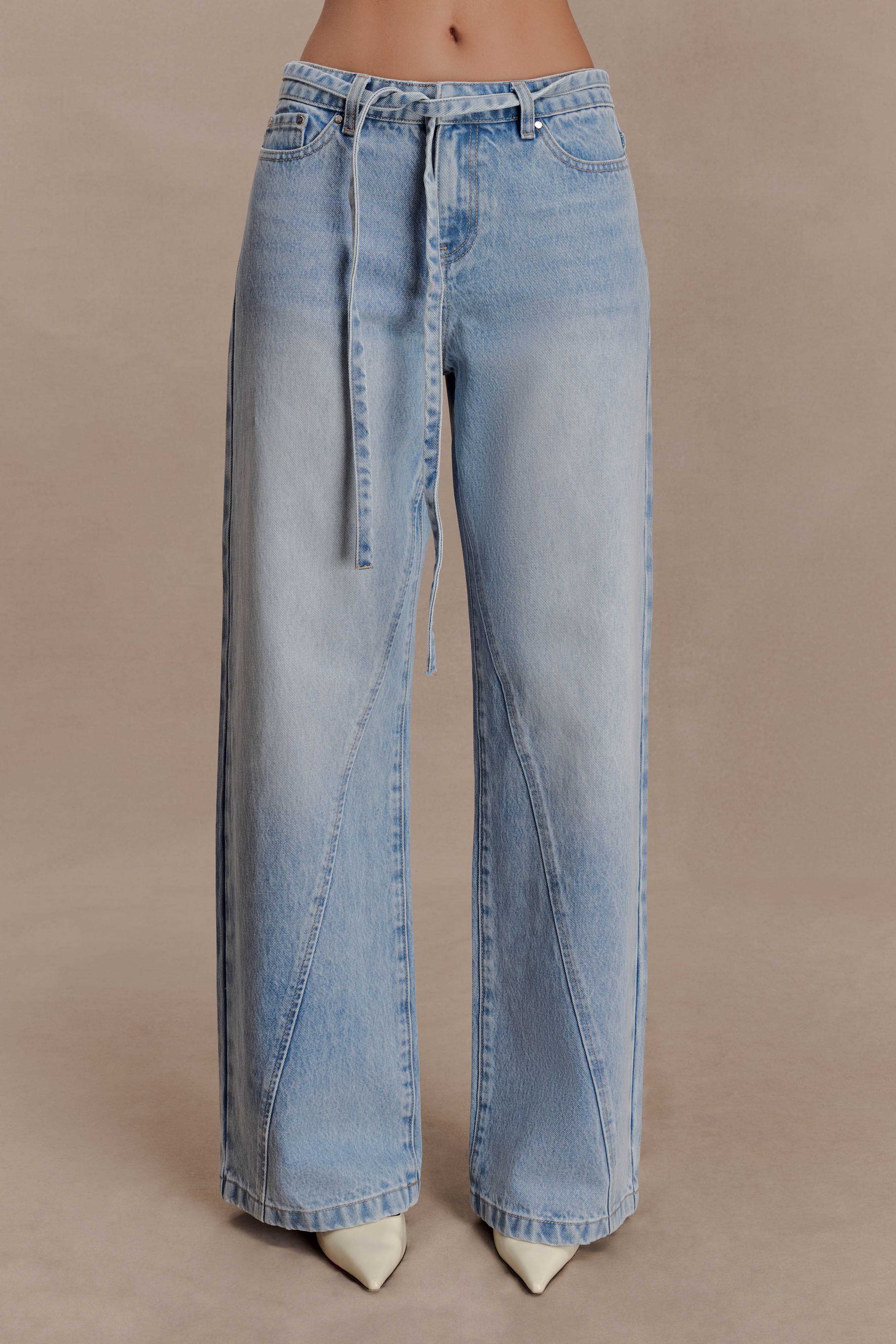 Perrie Mid Rise Straight Leg Tie Jeans - Washed Light Blue - Image 10