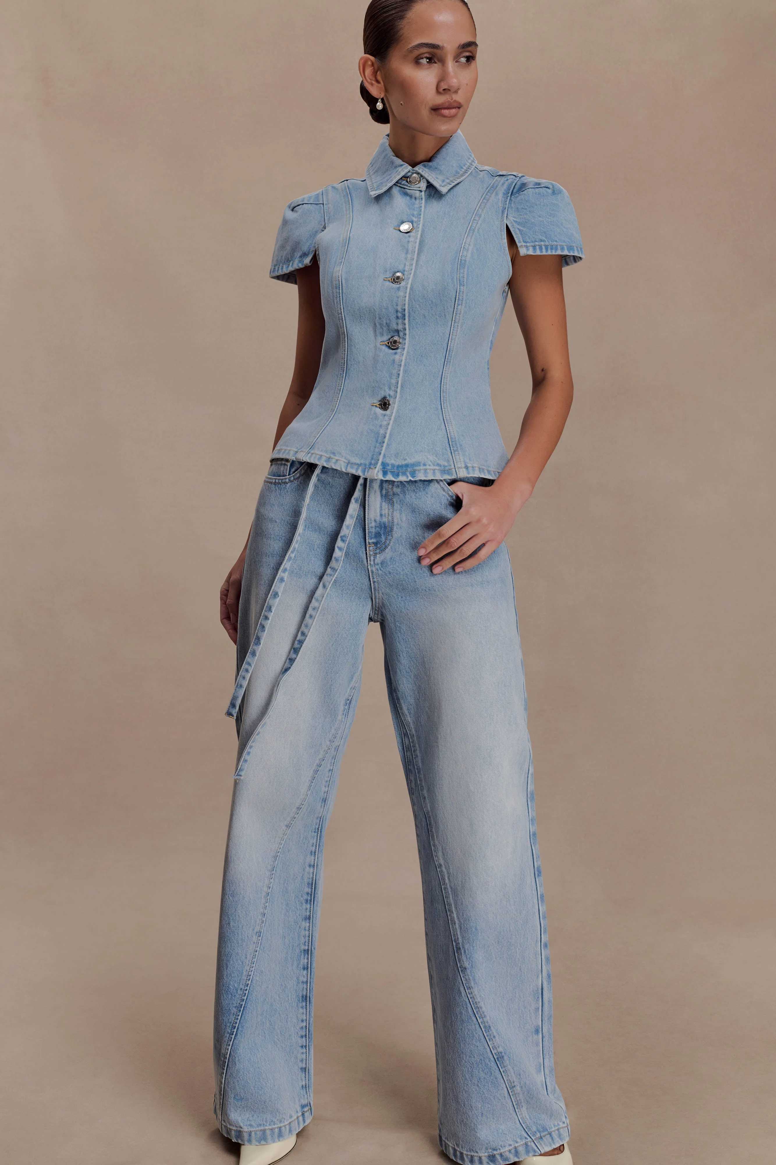Perrie Mid Rise Straight Leg Tie Jeans - Washed Light Blue - Image 7