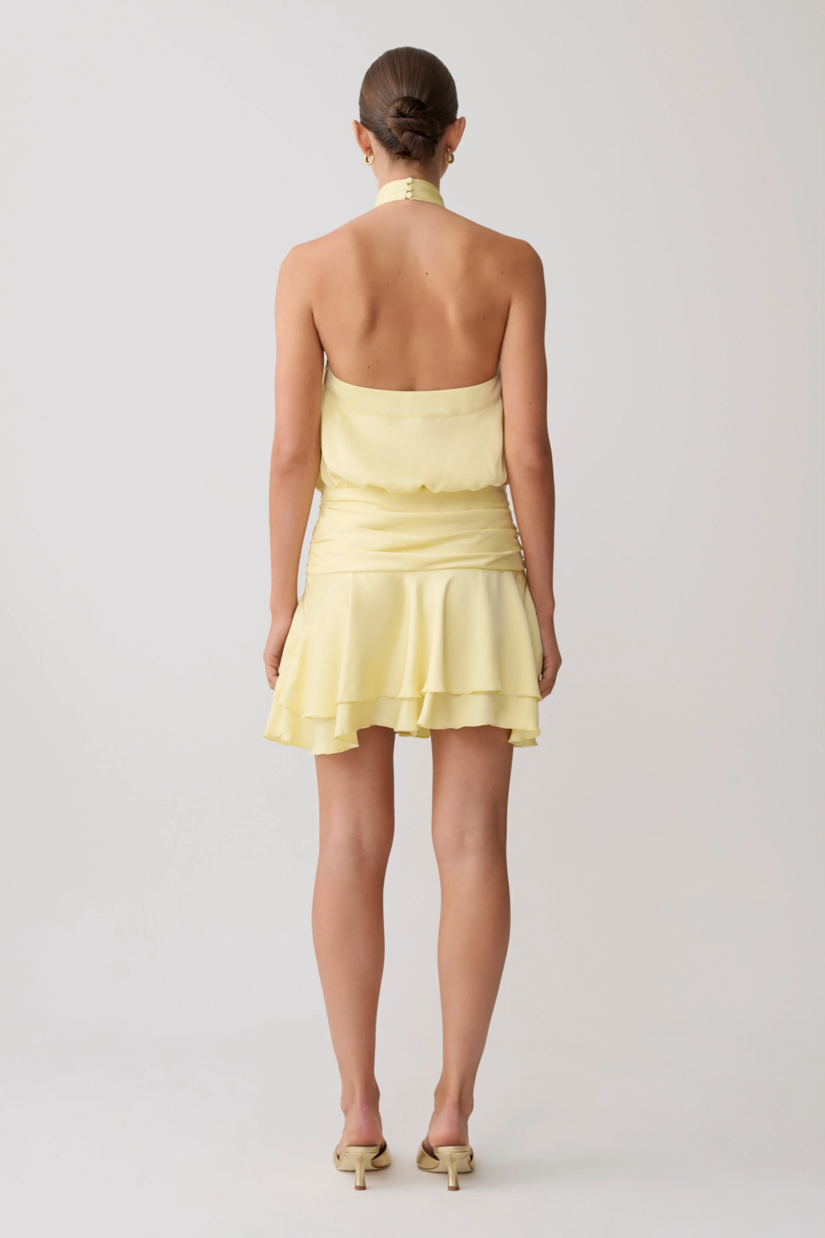 Poppy Satin Halter Mini Dress - Lemon - Image 3