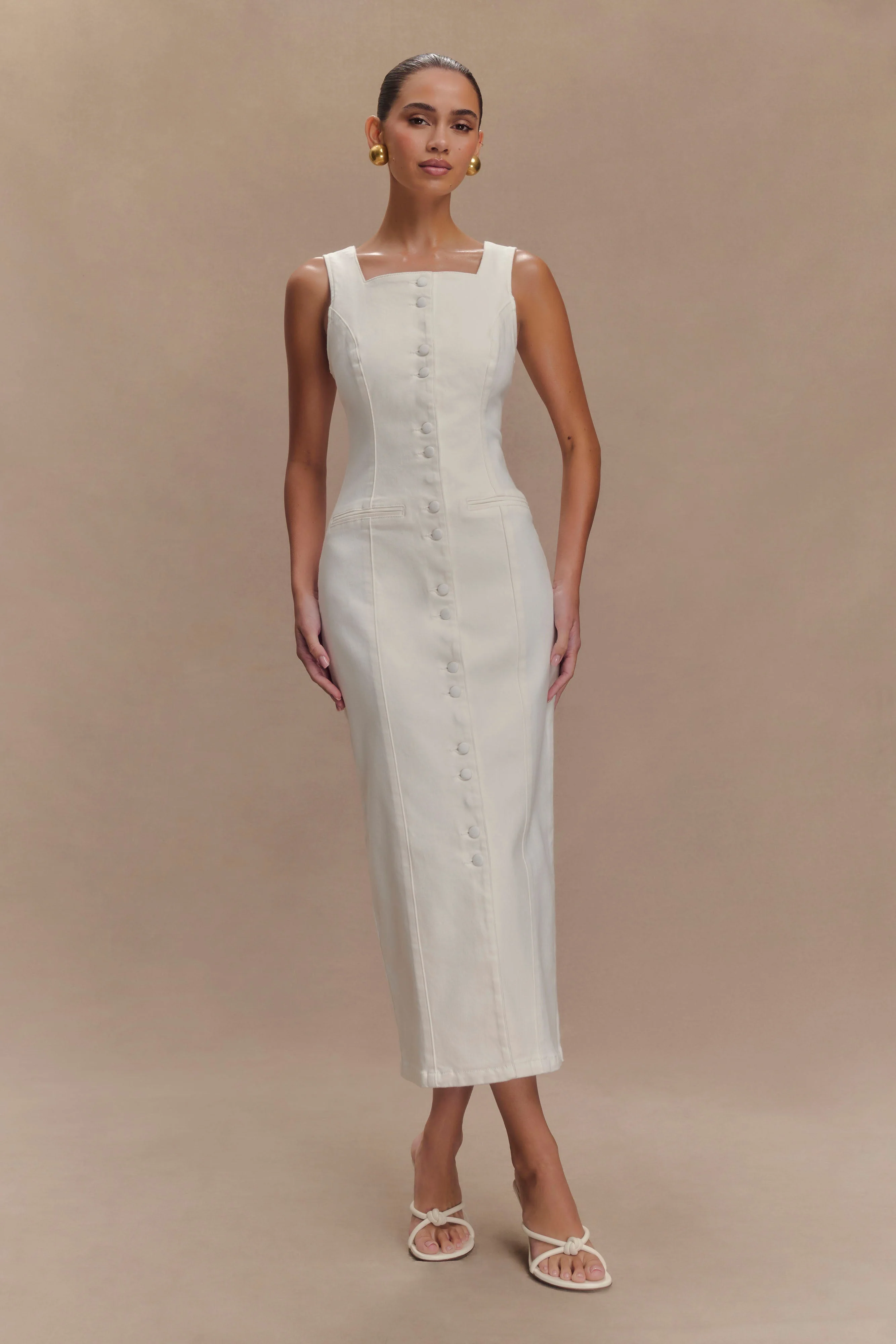 Reyna Denim Midi Dress - White - Image 5