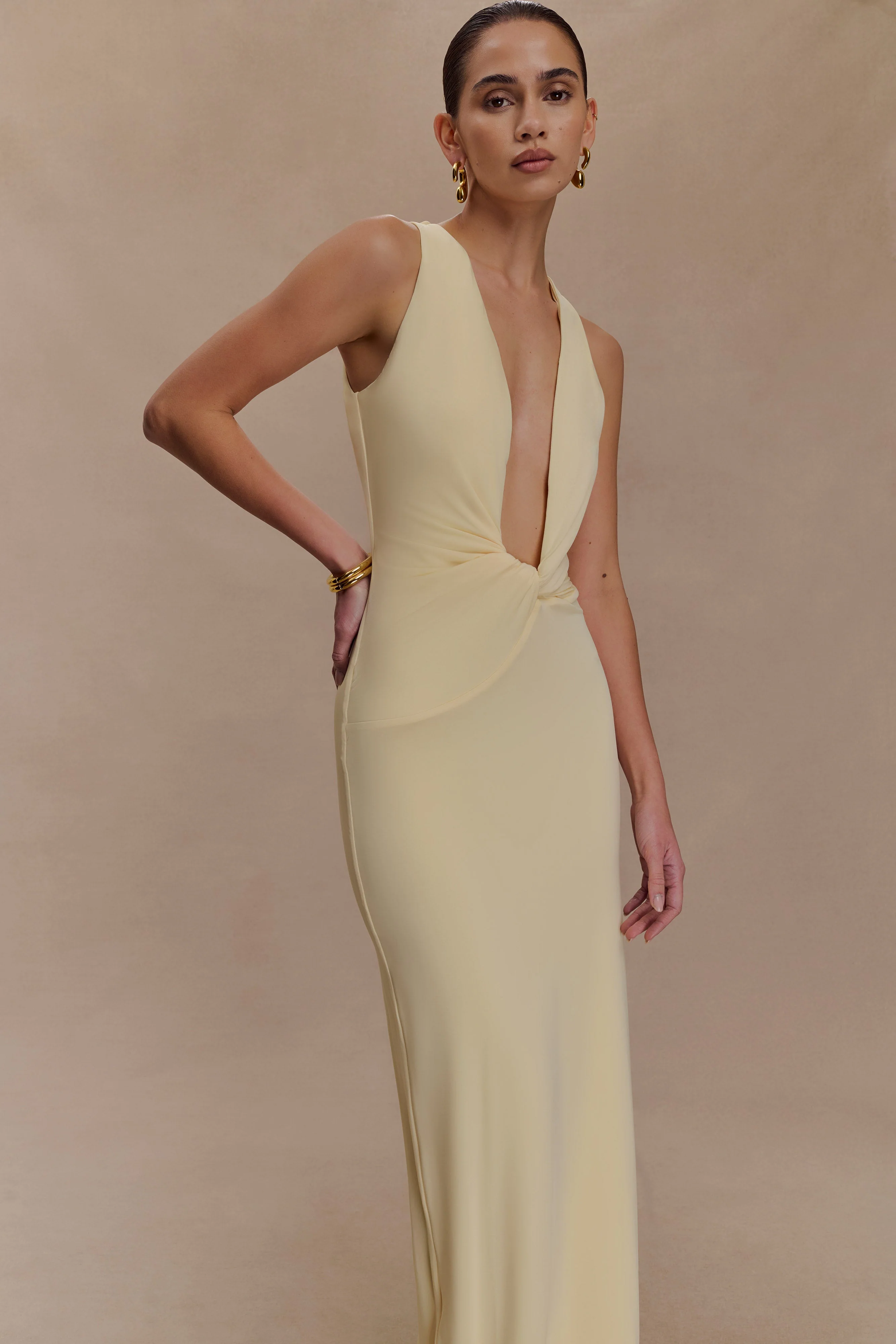 Stella Draped Slinky Maxi Dress - Pale Lemon - Image 3