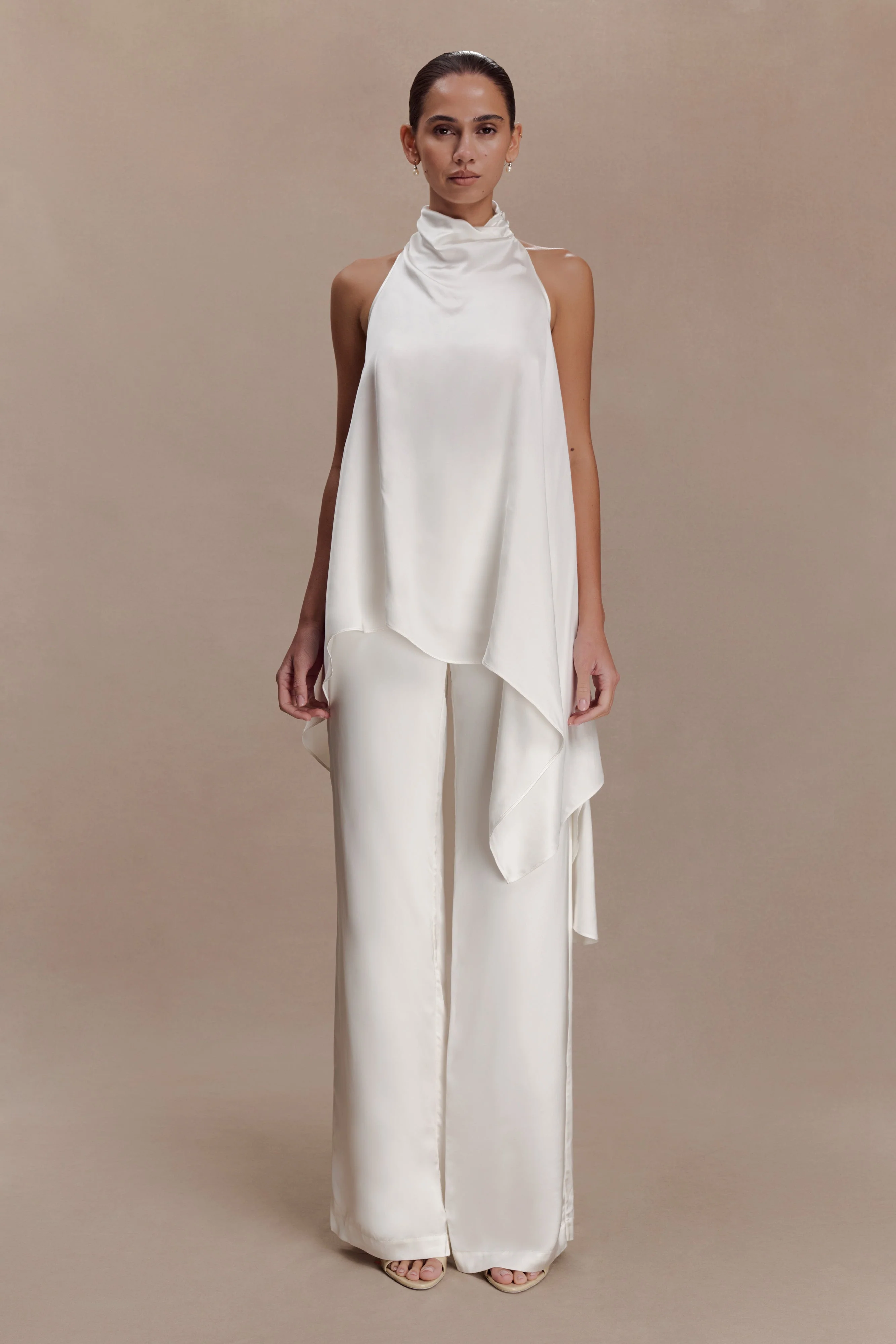 Sydney Asymmetrical Satin Halter Top - Ivory