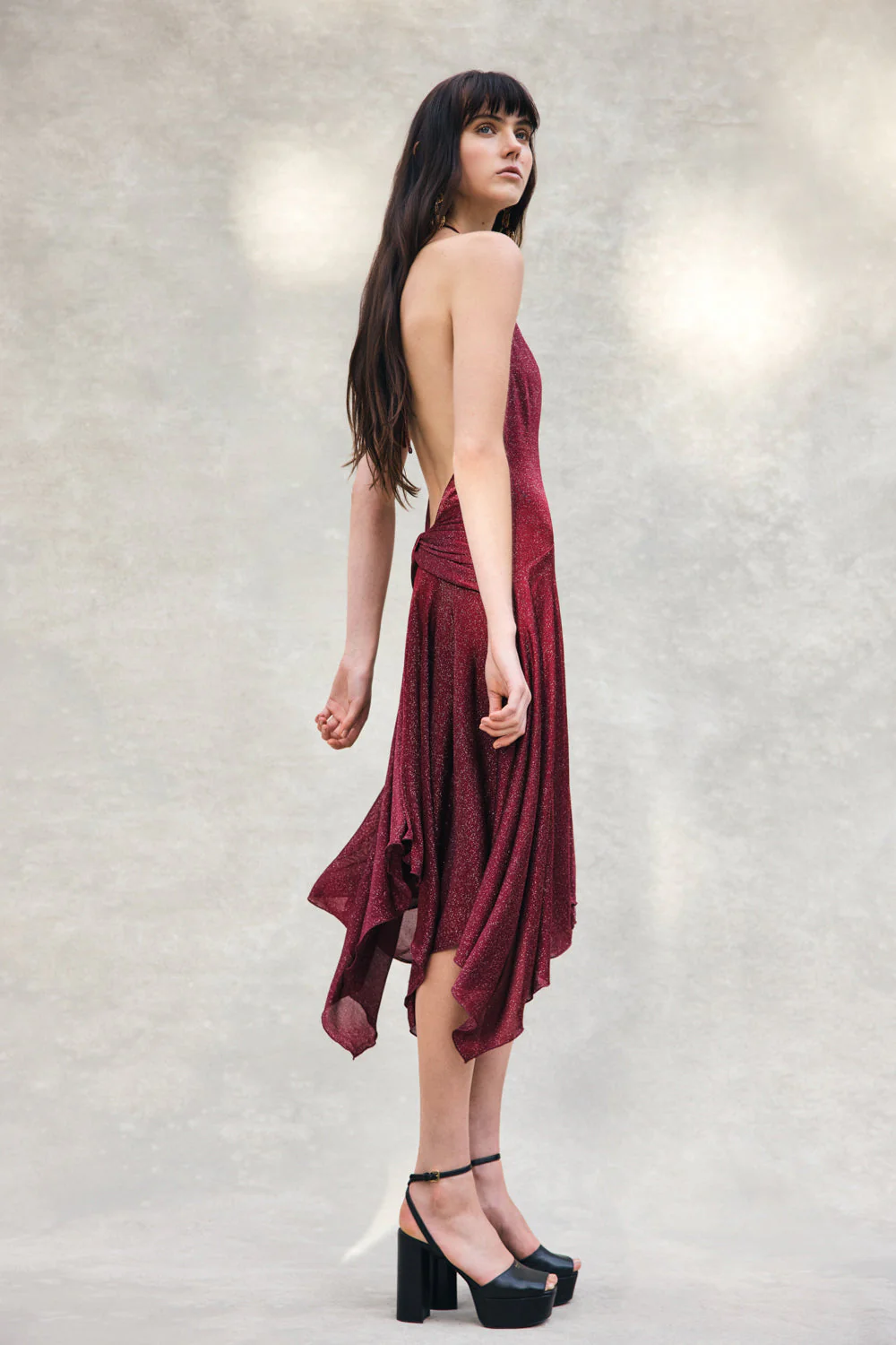 Sylvie Lurex Hankie Midi Dress - Wine - Image 2