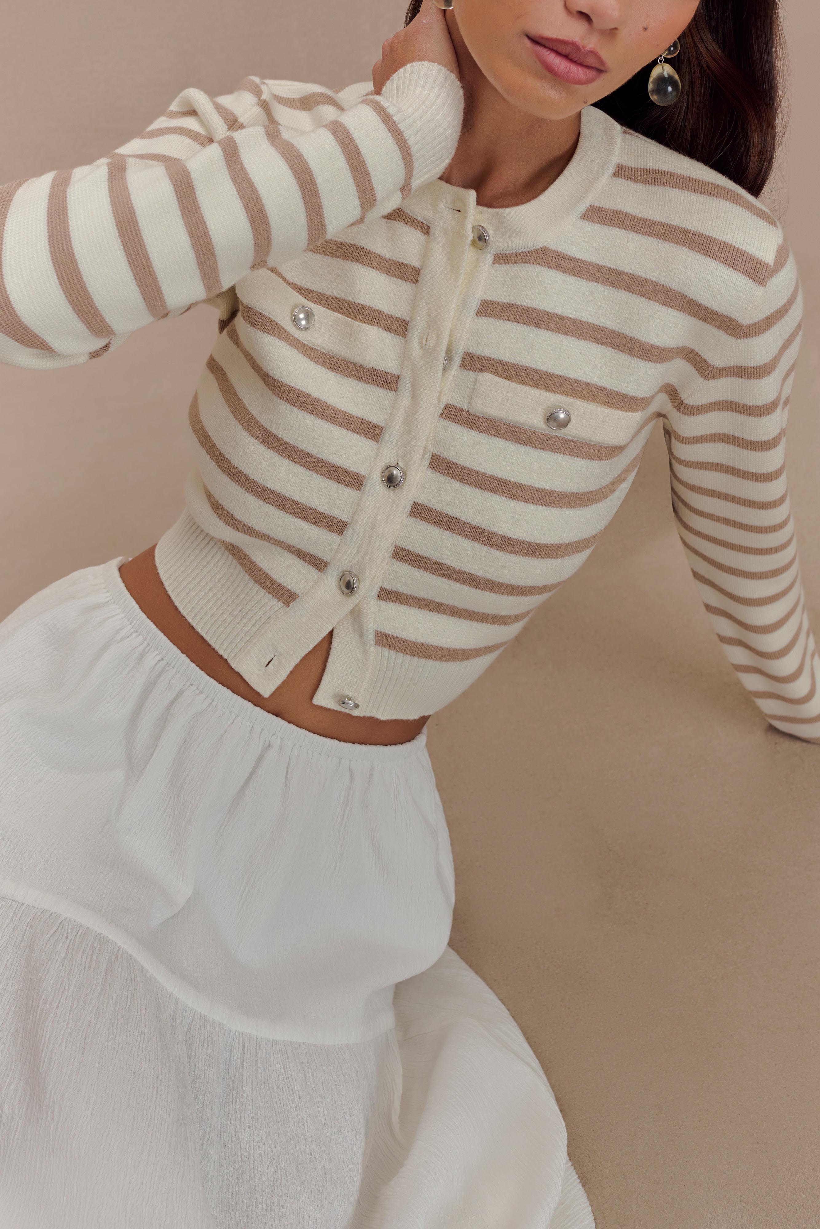 Tanner Striped Knit Cardigan - Nude/White - Image 3