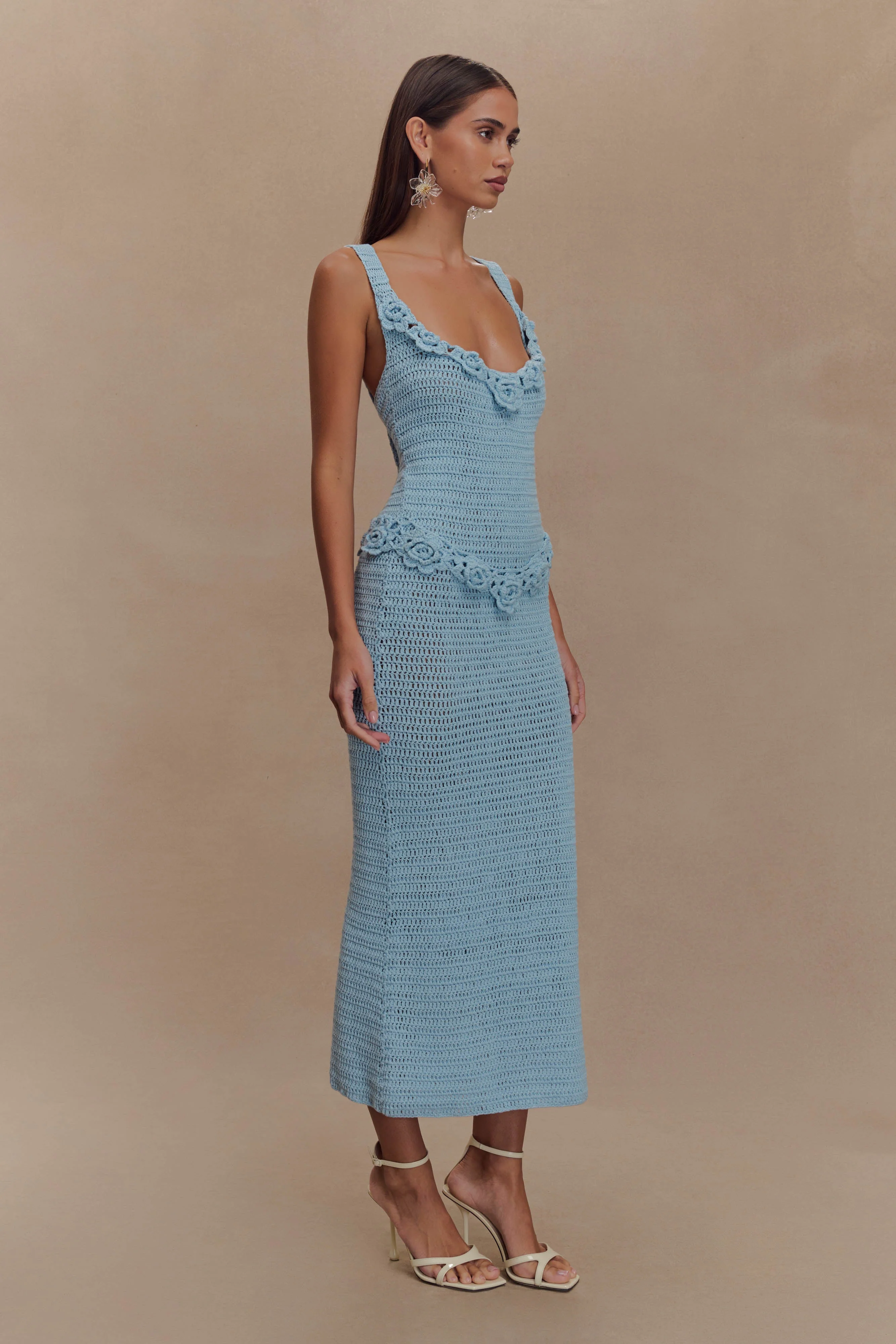 Teagan Floral Hand Crochet Midi Dress - Blue - Image 4