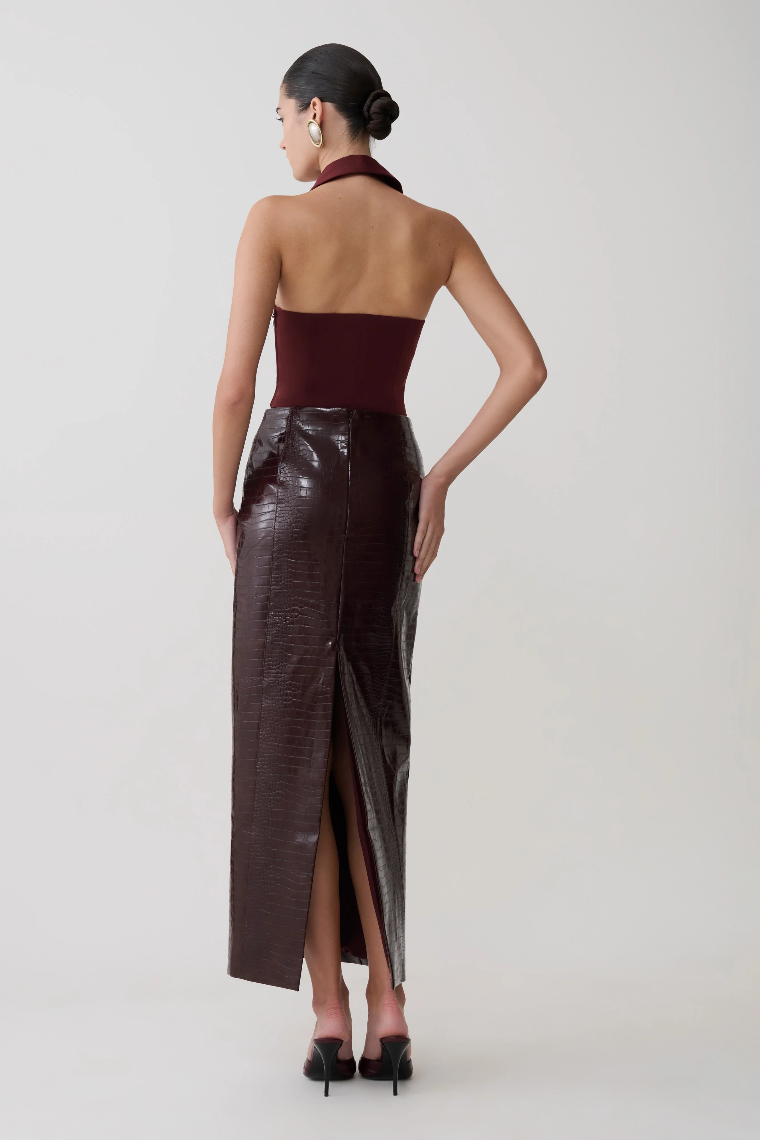 Thalia Croc Faux Leather Midi Skirt - Merlot - Image 4