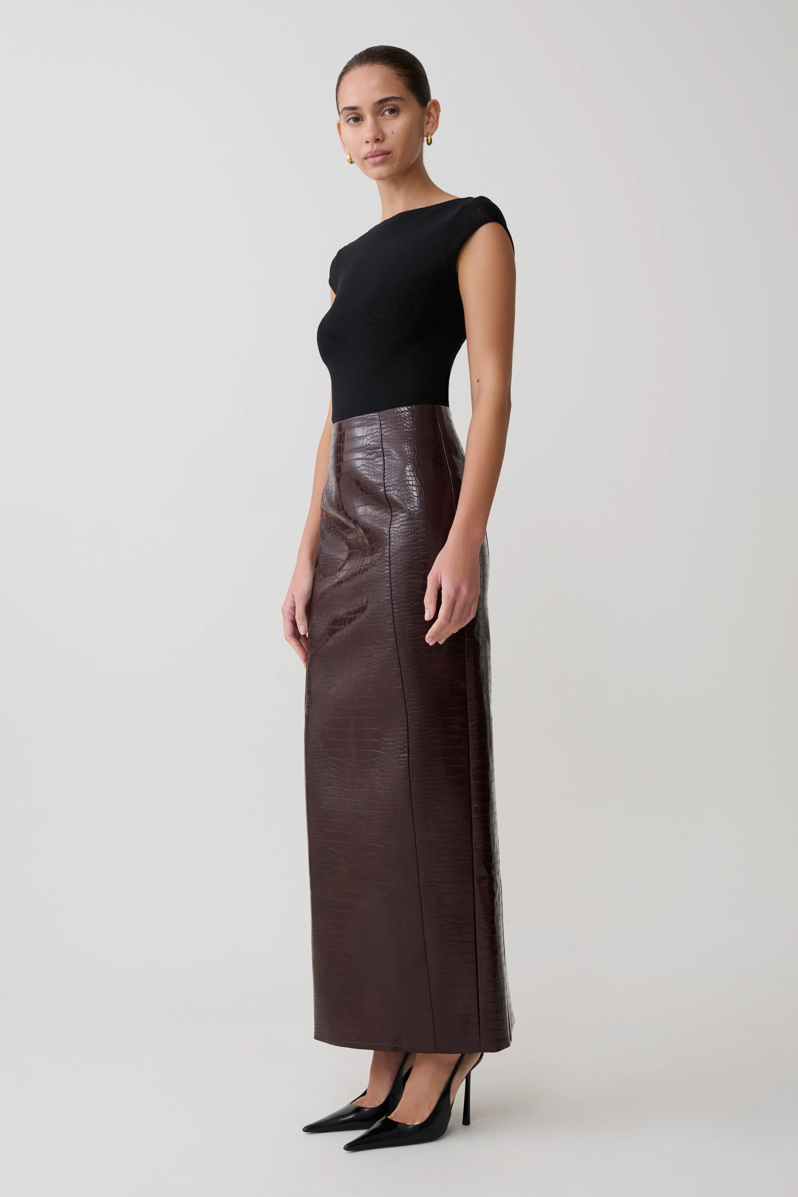 Thalia Croc Faux Leather Midi Skirt - Merlot - Image 7