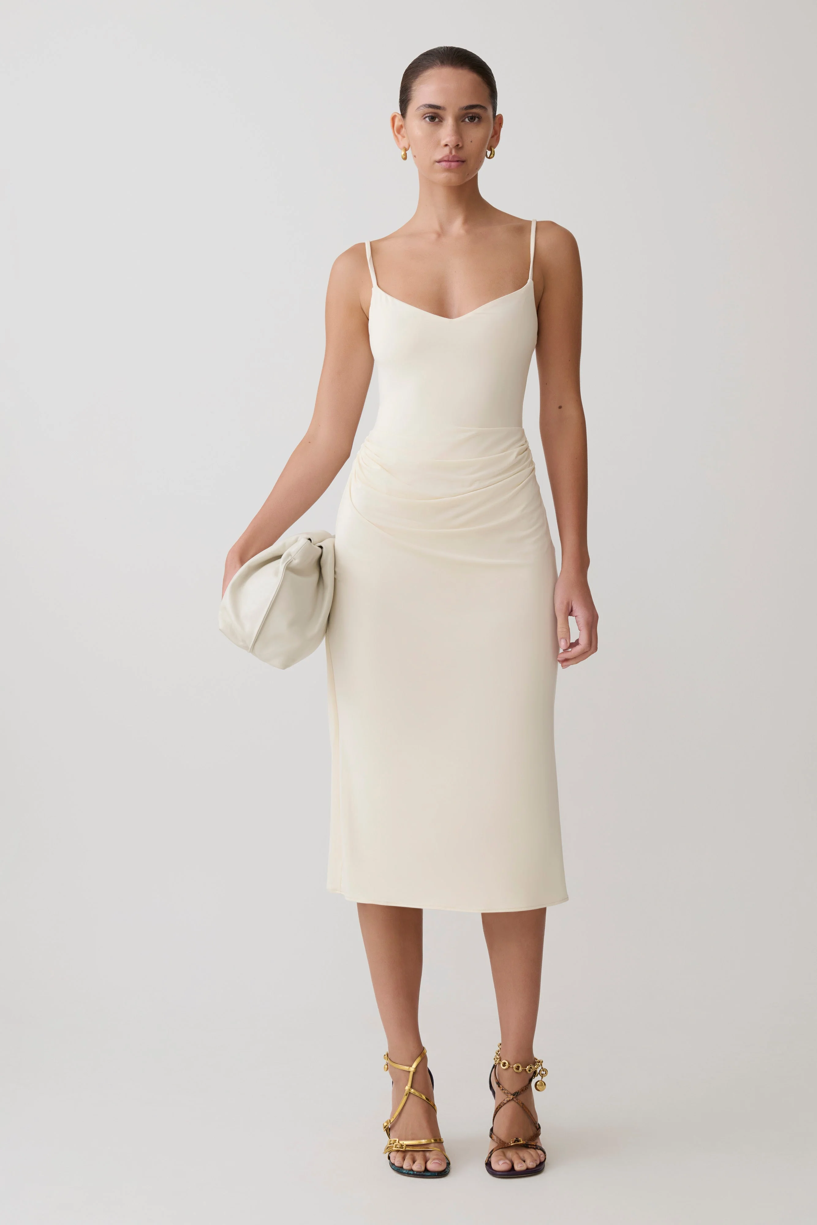 Vina Gathered Jersey Midi Dress - Ivory - Image 9
