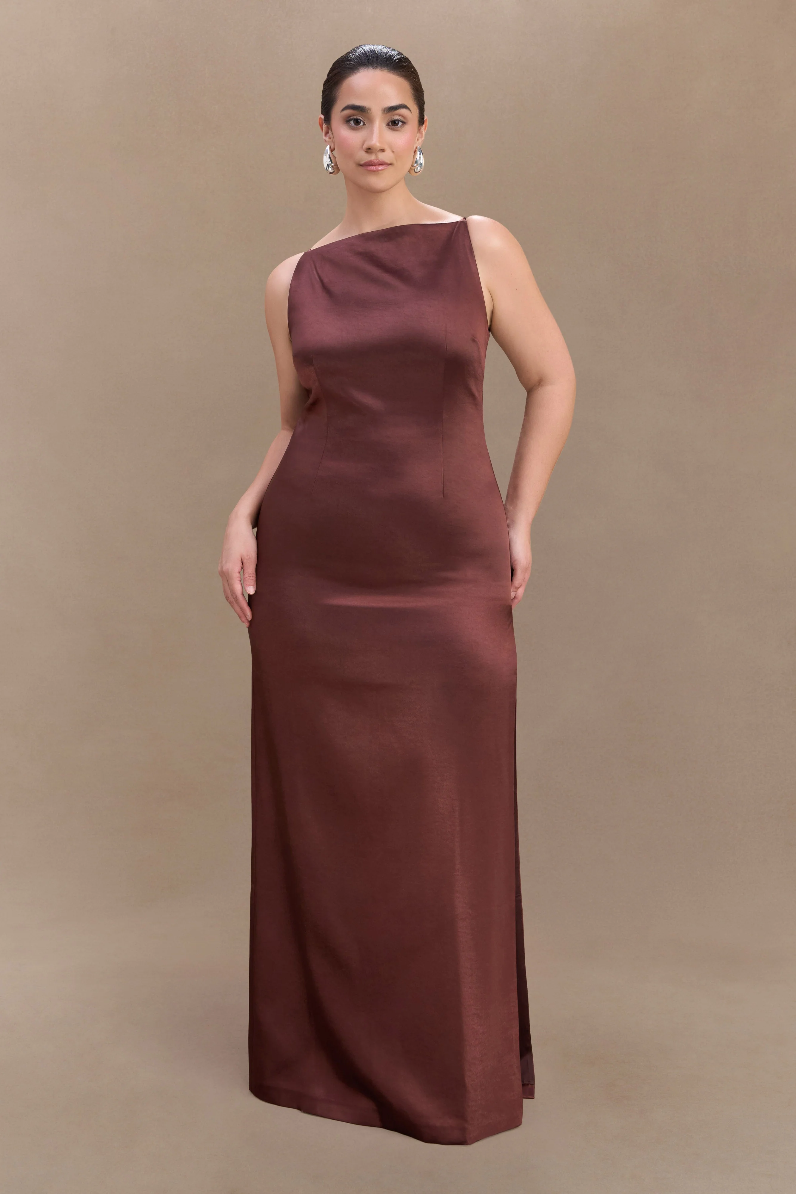Violet Sleeveless Satin Maxi Dress - Dark Chocolate - Image 4