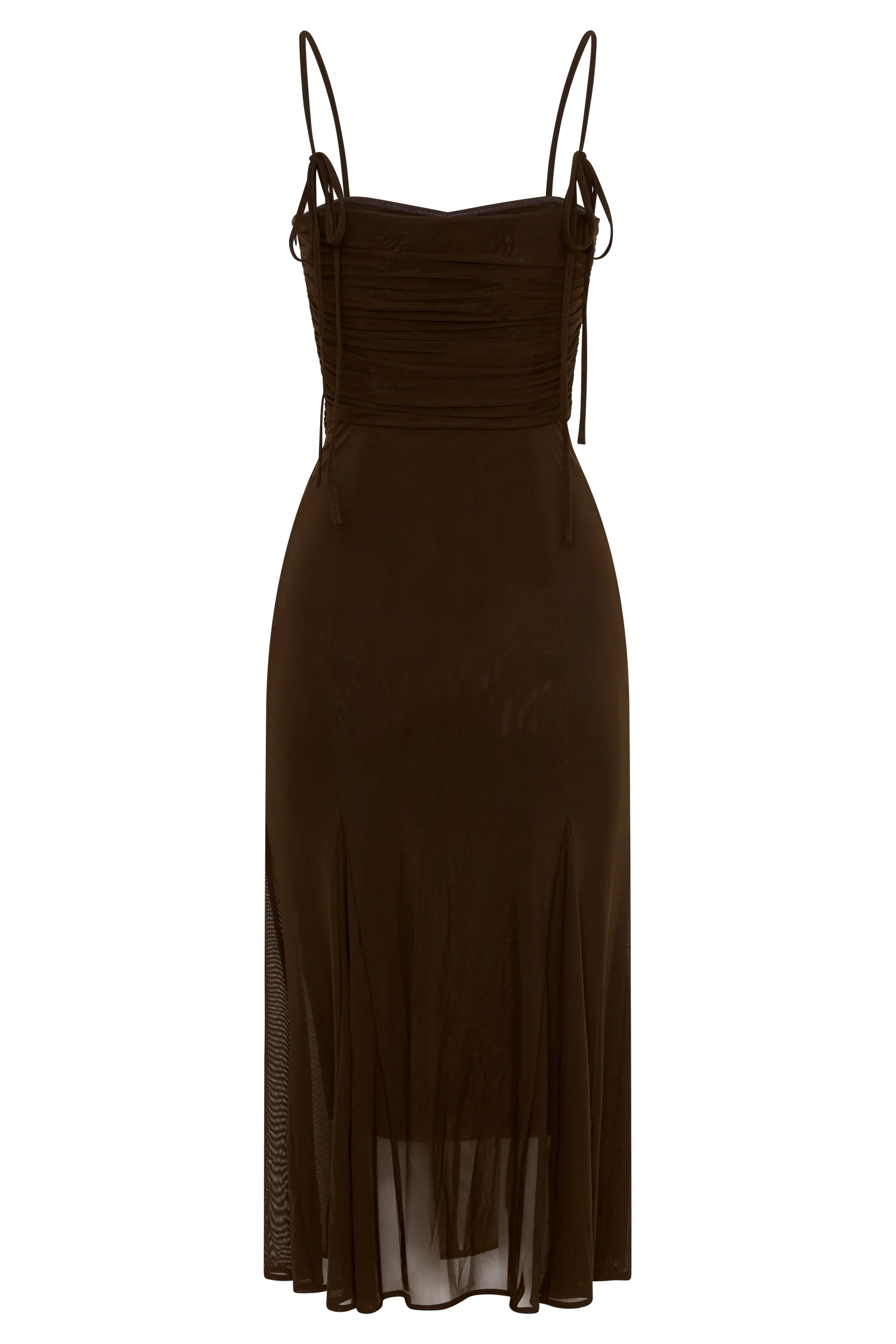 Willa Gathered Mesh Midi Dress - Chocolate - Image 6