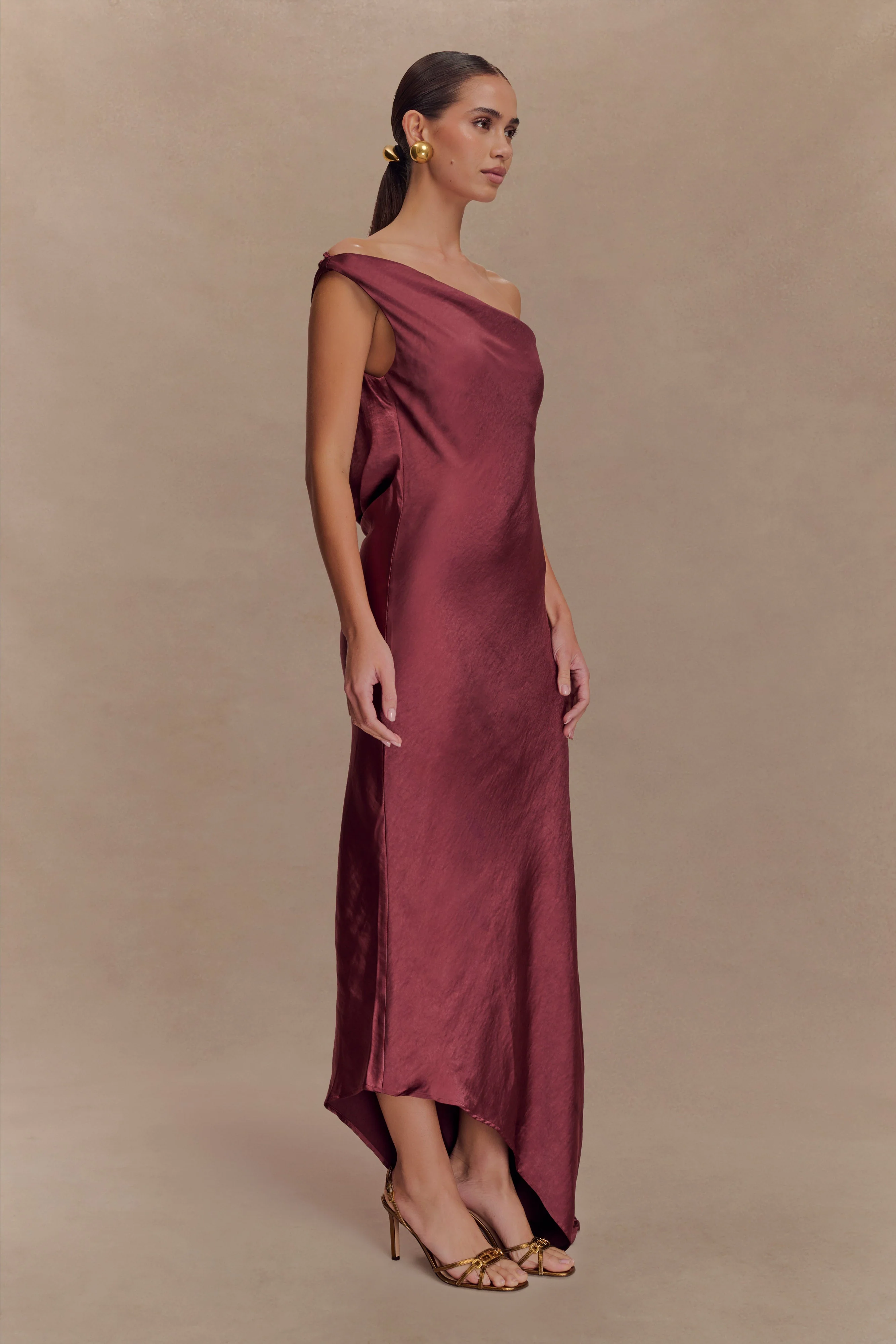 Yvette Slip Maxi Dress With Asymmetrical Hem - Brown Cherry - Image 5